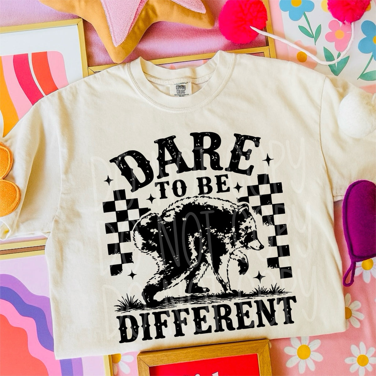 Dare to Be Different – Raccoon transfer design on shirt mockup