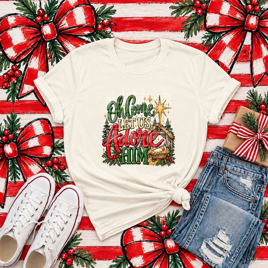 O Come Let Us Adore Him – Nativity tee mockup (transfer only)