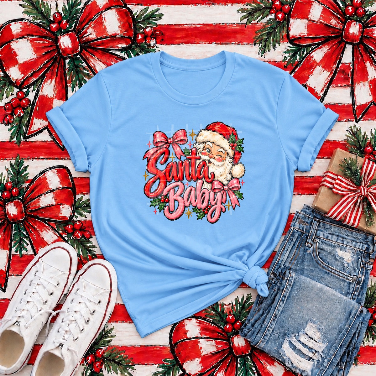 Santa Baby – Pink Bow tee mockup (transfer only)