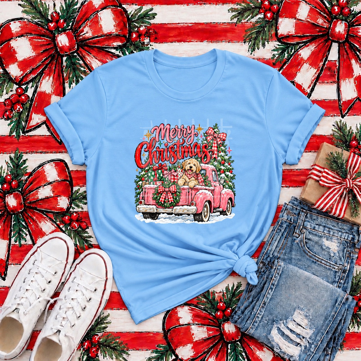 Merry Christmas – Puppy in Pink Truck tee mockup (transfer only)