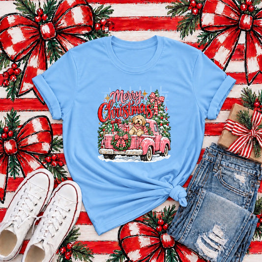 Merry Christmas – Puppy in Pink Truck tee mockup (transfer only)