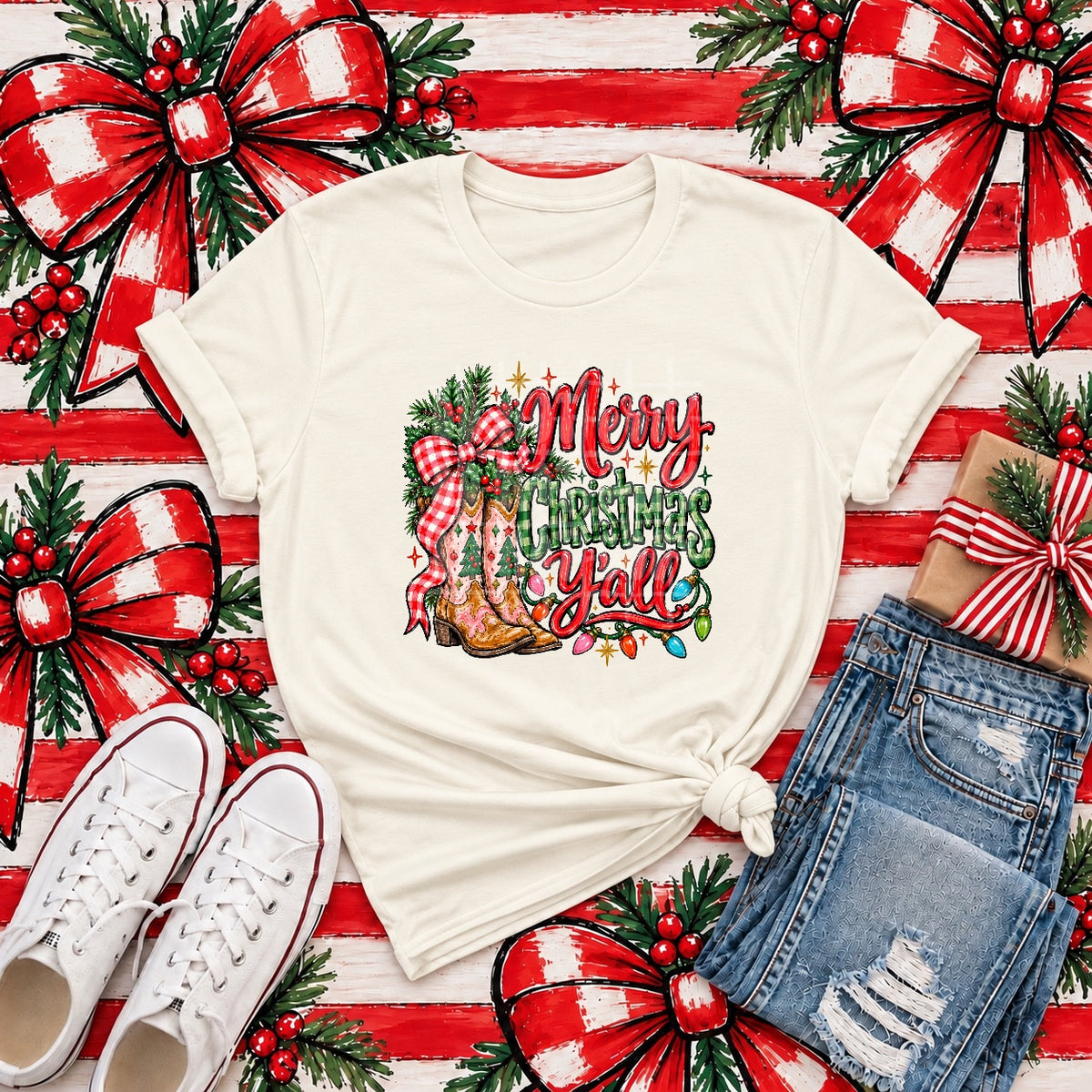 Merry Christmas Y'all – Western Boots tee mockup (transfer only)