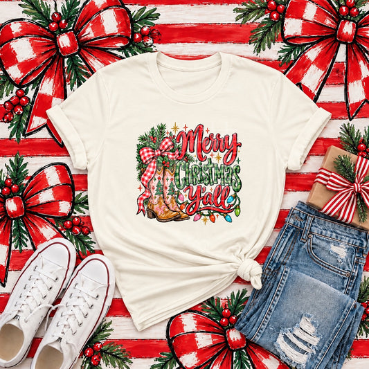 Merry Christmas Y'all – Western Boots tee mockup (transfer only)