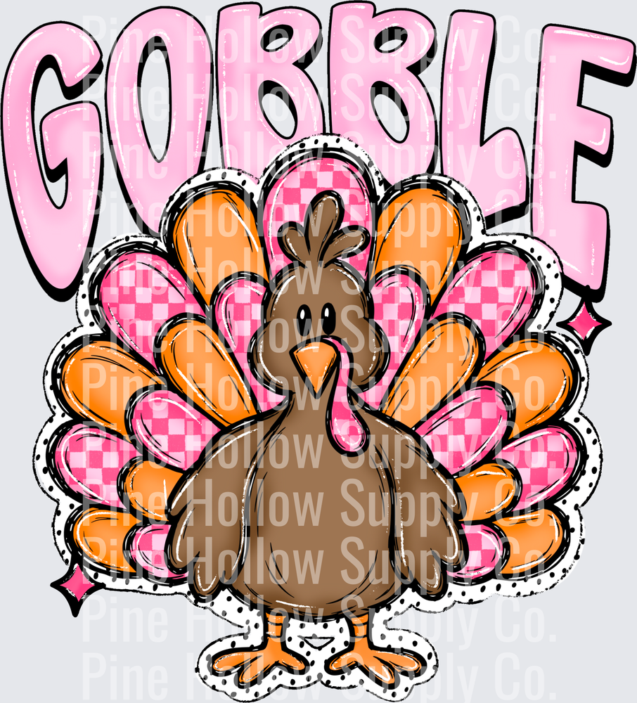 Gobble – Pink Gingham Turkey | DTF Transfer - Raw Image
