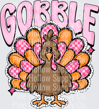 Gobble – Pink Gingham Turkey | DTF Transfer - Raw Image